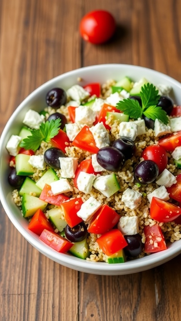 A vibrant bowl of Greek quinoa salad with cucumbers, tomatoes, olives, feta, and parsley on a wooden table.